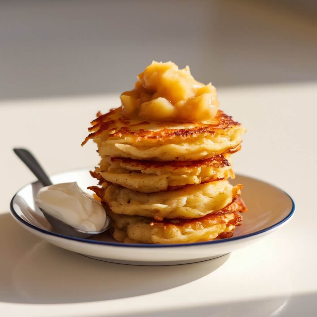 A warm, inviting shot of mini potato pancakes stacked neatly on a white plate. Each crispy pancake is golden-brown with slightly crisp edges and topped with a generous dollop of creamy applesauce. A small spoon of sour cream is placed beside the stack, completing the dish. The image, captured in natural light, highlights the crispy texture of the pancakes and the smooth applesauce. The plate is placed on a bright plain white kitchen countertop, allowing the rich golden tones of the pancakes to stand out against the clean white background.