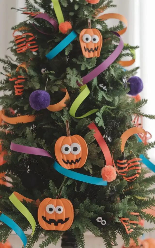 A photo of a Halloween tree with a minimalist playful style. The tree is decorated with goofy monster faces, oversized googly eyes, and fuzzy pom-pom ornaments. The decorations are spaced thoughtfully to maintain visual clarity. Brightly colored ribbons wrap in loose spirals around the tree. The tree is placed in a soft background, allowing the monsters to shine without distraction. The overall statement is clean and cheerful.