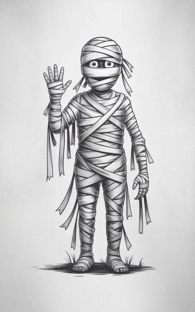 A mummy with a friendly expression stands upright, its body wrapped in numerous unevenly sized strips of white bandages. The bandages overlap each other, showing subtle shadows that indicate their folded texture, and a small gap reveals two wide, dark eyes. One hand is raised in a gentle wave, while several loose bandages dangle from the mummy’s arms and torso. The mummy stands against a plain white background with no additional objects or details in the scene.