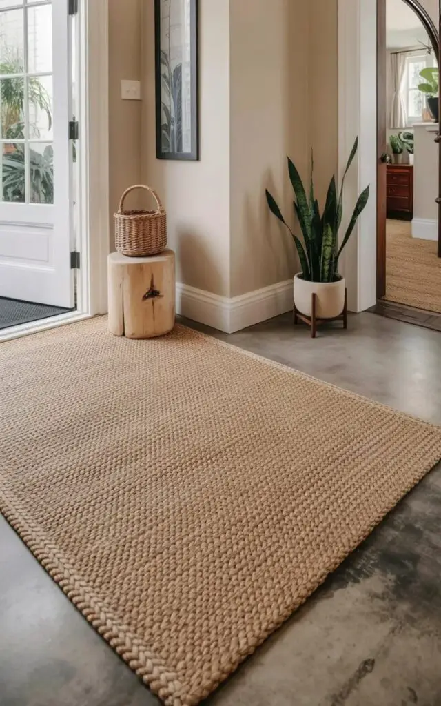 A rectangular sisal rug in a sandy beige color covers a portion of a concrete floor in an entryway. The rug’s surface exhibits a coarse texture with visible fibers running horizontally. A small, cylindrical wooden stool with a woven seagrass basket sitting on top rests near one edge of the rug, while a potted snake plant with several long, upright leaves stands against the opposite wall. Pale sunlight streams in through a doorway, illuminating the textured rug and creating subtle shadows on the concrete floor.
