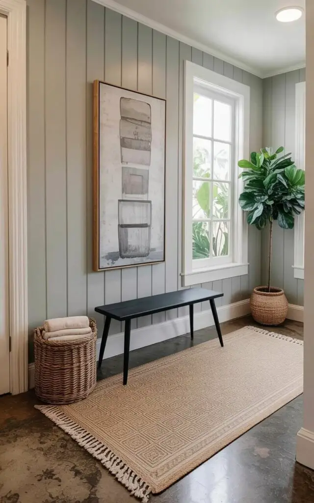 A rectangular beige rug with a subtle geometric pattern covers the polished concrete floor. A slender black bench with thin wooden legs sits centered on the rug, and a large rectangular artwork depicting abstract shapes in muted gray tones leans against the pale gray painted wall. A round woven basket made of natural fibers rests on the floor to the left of the bench, containing neatly folded towels. Soft natural light filters in through a large window, illuminating the entryway and casting a faint shadow from a potted fiddle leaf fig tree in the corner.