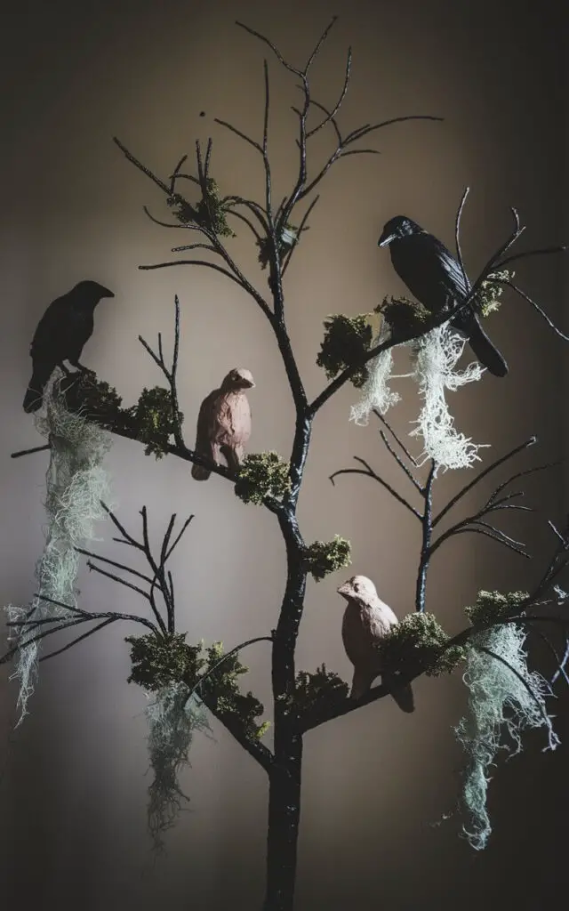 A Halloween tree with a minimalist style is placed in an eerie woodland silhouette. The tree has sparse black or natural branch-style limbs. Faux moss, perched crows, and muted woodland critters are placed with deliberate spacing on the limbs. The branches also have wisps of Spanish moss. The tree is placed against a plain backdrop. The lighting is dim, casting dramatic shadows and emphasizing the wiry tree structure.
