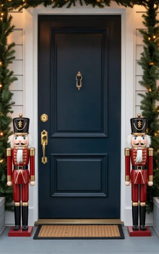 A photograph of an elegant minimalist Christmas front porch featuring two tall nutcracker soldiers standing guard on either side of a sophisticated navy blue door. The nutcrackers are painted in rich red uniforms with gleaming gold accents, their stoic faces and military bearing adding whimsical charm to the refined setting. The navy door showcases a polished brass handle and keyhole that catch the warm glow from subtle overhead lighting, while simple evergreen garlands frame the doorway with understated festive elegance. A neutral-toned doormat sits perfectly centered, and the clean lines of the porch create a harmonious balance between holiday celebration and modern minimalist design.