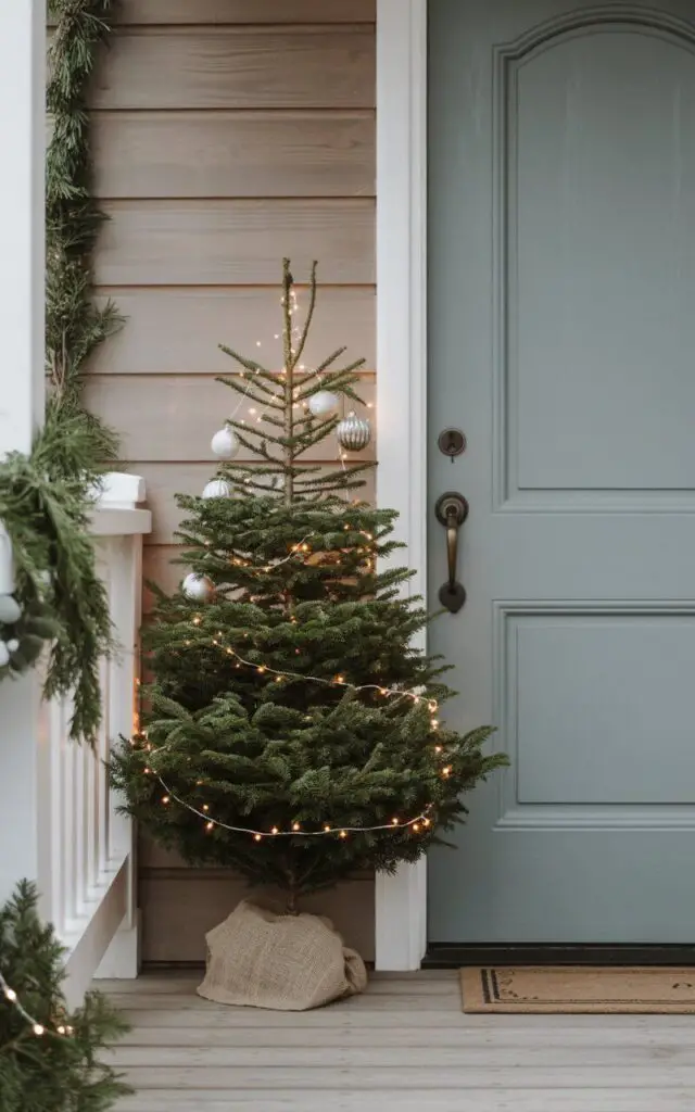 A photograph of a minimalist outdoor Christmas front porch showcasing elegant holiday decorations with clean, modern styling. The centerpiece is a small, perfectly shaped evergreen Christmas tree positioned beside a classic wooden door painted in a sophisticated sage green, complete with a sleek bronze handle and keyhole that catches the soft light. The tree is tastefully adorned with warm white string lights that create a gentle glow, delicate silver and white ornaments, and a natural burlap wrap around its base for texture. Subtle evergreen garlands are draped along the porch frame and railings, while the surrounding elements—weathered wood planking, smooth stone accents, and carefully placed greenery—create a serene, festive atmosphere that perfectly balances modern simplicity with cozy Christmas warmth.