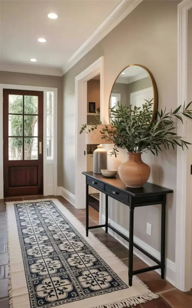 A navy and white rug with a repeating pattern mimicking intricate Mediterranean tile designs covers the floor of a rectangular entryway. A sleek black console table stands on the rug, displaying a terracotta vase filled with sprigs of eucalyptus and olive branches. Above the console table, a round mirror with a brushed brass frame reflects the entryway’s space. Pale gray walls with recessed lighting and a dark wood front door are visible in the background, contributing to a clean and modern atmosphere.