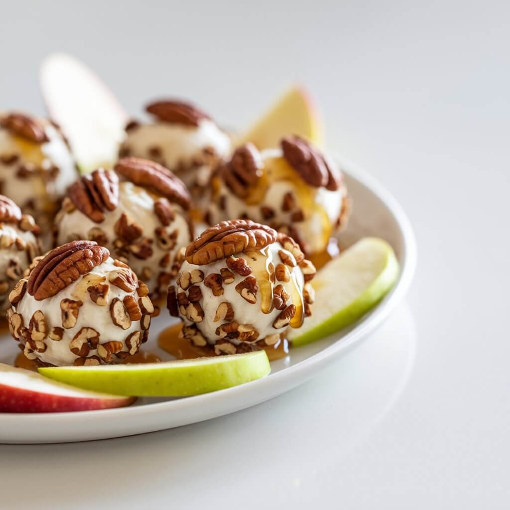 A close-up shot of small, round goat cheese balls coated in toasted pecans and drizzled with honey. The cheese is creamy, and the pecans add a nice crunch. The appetizers are placed on a simple white plate, surrounded by slices of crisp green apple for contrast. The photo, captured in natural light, enhances the glossy appearance of the honey and the warmth of the nuts. The plate is placed on a bright plain white kitchen countertop, allowing the food to take center stage against the clean background.