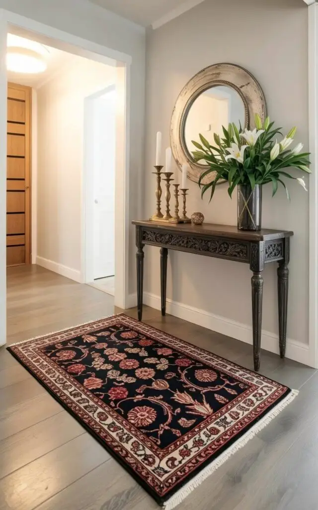 A rectangular Persian rug with a repeating floral pattern in shades of deep red, navy blue, and cream covers the center of a spacious entryway. The rug's edges meet a light gray hardwood floor, and its intricate design features stylized roses, tulips, and trailing vines. A dark-stained, carved wooden console table stands against the far wall, displaying a collection of antique brass candlesticks and a vase filled with white lilies and green foliage. A round mirror with a distressed silver frame hangs above the console table, reflecting the soft glow of an overhead chandelier and the neutral-toned walls of the entryway.