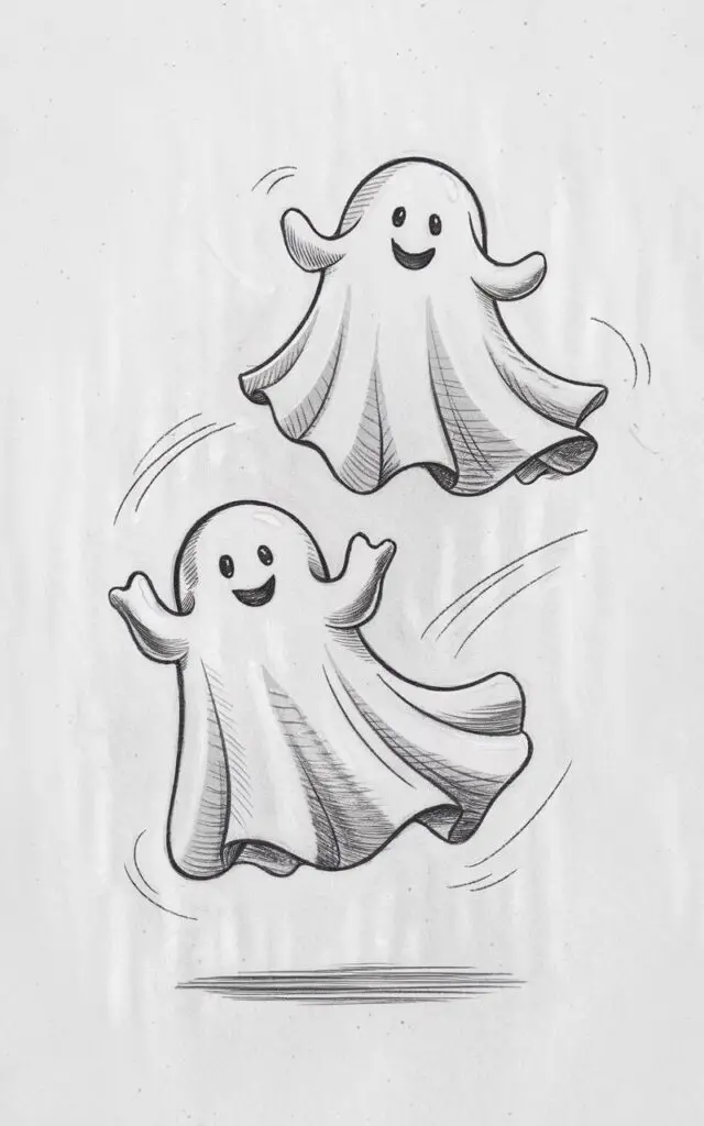 A pencil drawing of two friendly Halloween ghosts floating playfully in mid-air against a plain white background. The ghosts have flowing sheet-like forms and are sketched with smooth, curving lines that taper gently at the edges. There is light shading beneath the ghosts, hinting at soft, ethereal movement. The air around them includes faint motion lines, giving a sense of gentle drift. The ghosts are drawn in a simplistic style and appear weightless and cheerful, exuding whimsical Halloween charm.