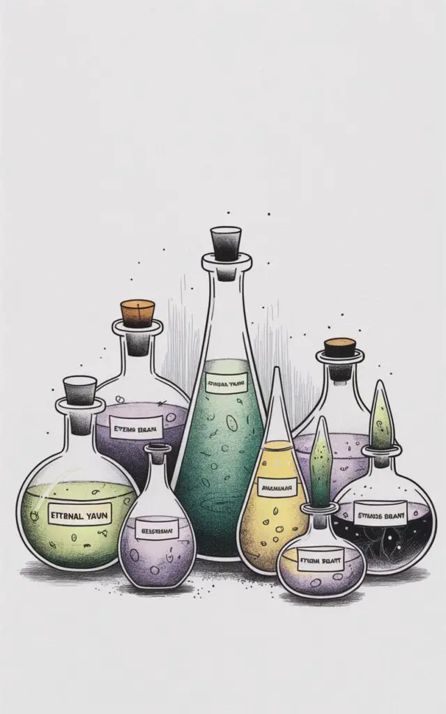 A minimalist, plain white background pencil drawing illustration of a Halloween potion shelf filled with assorted glass bottles. Each bottle varies in shape—round, tall, or teardrop—outlined with clean, delicate lines. Inside them, subtle textures hint at swirling liquids or floating particles. Thin labels read faintly with spooky names like “Eternal Yawn” and “Spider’s Breath.” Shading around the glass edges creates a translucent glow effect. Drawn in a simplistic style, the composition feels calm yet magical, celebrating the mystery of alchemy through pure linework and gentle gradients. The are colored with pencil some are green, yellow, purple, and black.