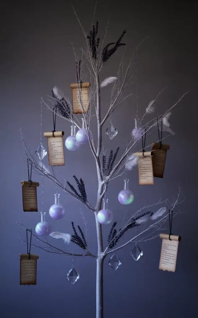A photograph of a minimalist Halloween tree with a stark, elegant design, illuminated by a soft, purple glow. The tree's branches are adorned with clear glass potion bottles filled with swirling iridescent liquids, aged spell scrolls tied with black twine, and faceted crystal ornaments hanging at precise intervals. Delicate white feathers and sprigs of dried lavender are artfully arranged within the branches, creating a controlled, enchanted aesthetic. The tree stands alone against a dark, charcoal gray backdrop, evoking a sense of quiet power and subtly shimmering with an ethereal, mystical light.