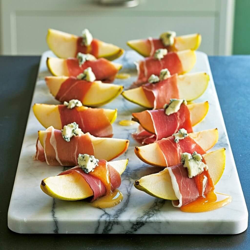 Thin slices of prosciutto are wrapped around segments of ripe, yellow pears, creating bite-sized appetizers. Each appetizer is topped with a sprinkle of crumbly blue cheese and a light drizzle of golden honey, which pools slightly on the surface. The pear wedges and prosciutto slices are arranged diagonally across a long, rectangular marble platter with subtle veining patterns. The platter sits on a bright, plain white kitchen countertop, with the backdrop extending to reveal a stainless steel sink and a portion of a pale grey cabinet.