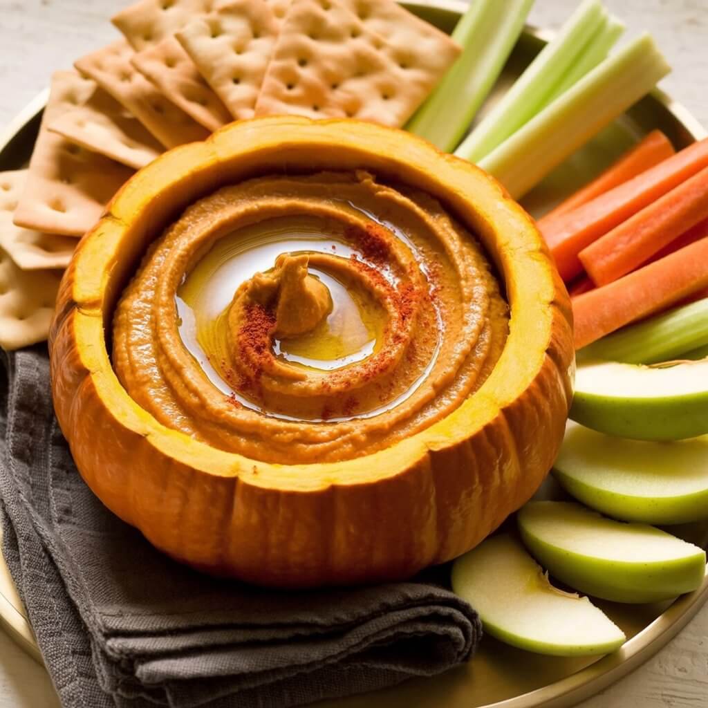 A small, hollowed-out orange pumpkin is filled with a vibrant orange pumpkin hummus, swirled decoratively across the top surface. A thin stream of olive oil is drizzled in a circular pattern over the hummus, followed by a light dusting of paprika powder. Surrounding the pumpkin bowl are small, neatly arranged piles of golden-brown pita chips, thinly sliced green apple wedges, and sticks of celery and carrot. The entire arrangement rests on a bright, plain white kitchen countertop with a black linen napkin folded neatly in the lower corner, all placed on a circular white tray.