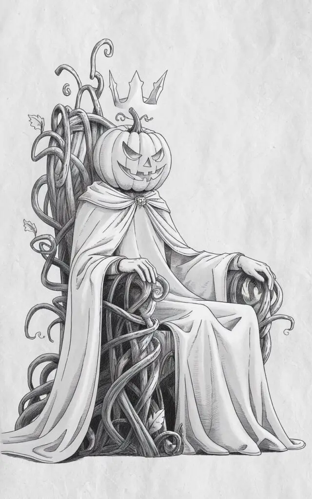 A minimalist, plain white background pencil drawing illustration of a regal Halloween Pumpkin King seated upon a throne made of entwined vines. His pumpkin head is smooth and round, carved with calm authority in his expression. The throne's structure is detailed with curling tendrils and leaf motifs. His cloak drapes elegantly, outlined with soft folds. A faint crown rests atop his head, its form subtle yet stately. Drawn in a simplistic style, the artwork merges royal dignity with seasonal spookiness through refined, balanced composition.