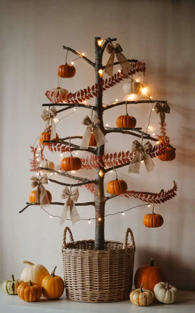 A photograph of a meticulously decorated Halloween tree, embodying a minimalist rustic aesthetic. The tree is adorned with miniature pumpkins, delicate burlap bows, and raffia ties arranged with precise symmetry along its branches, accented by leafy garlands spiraling gently around the trunk. A woven basket sits at the base, complementing the scene with a scattering of autumnal gourds against a softly textured neutral wall. Warm white twinkle lights illuminate the tree, creating a cozy and inviting atmosphere, highlighting the clean lines and curated charm of the display.