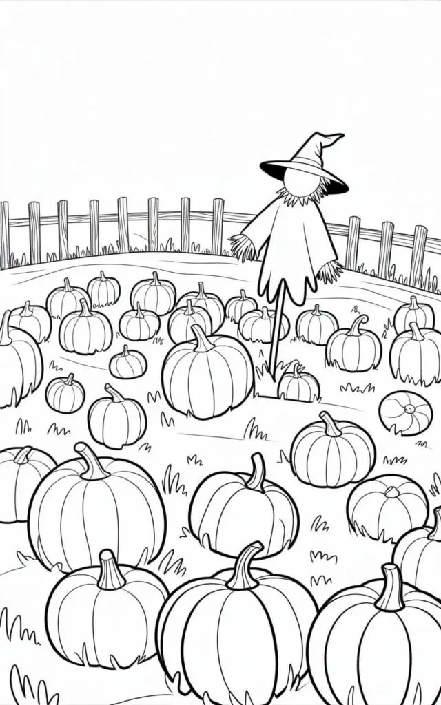 A black and white line art illustration of a serene Halloween pumpkin patch under a twilight sky, featuring numerous pumpkins of varying shapes and sizes scattered across gently rolling ground. A simple wooden fence with evenly spaced vertical slats runs along the back, while a scarecrow stands silhouetted amidst the pumpkins, its form suggested by loose, expressive lines and a wide-brimmed hat. The illustration utilizes bold, continuous lines in a coloring book style, with clear separation between the pumpkins, fence, and scarecrow, offering distinct areas for coloring and playful detail. Varied line weights are incorporated to add visual interest, ensuring a charming and engaging scene ideal for coloring.