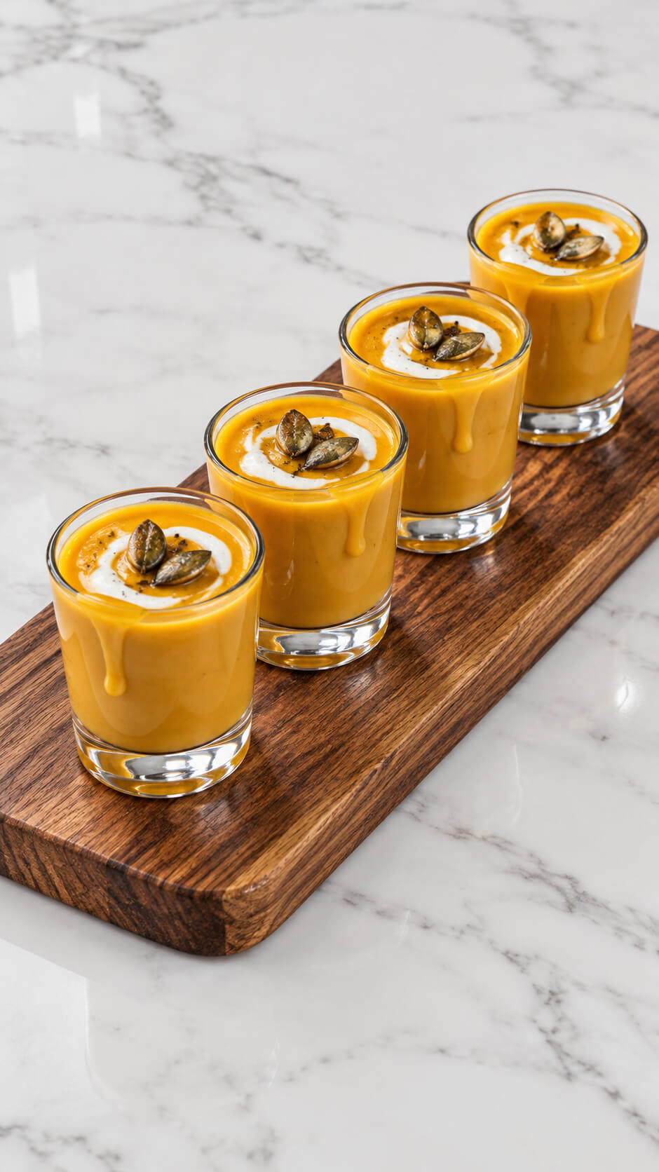 Pumpkin Soup Shots on Wooden Board