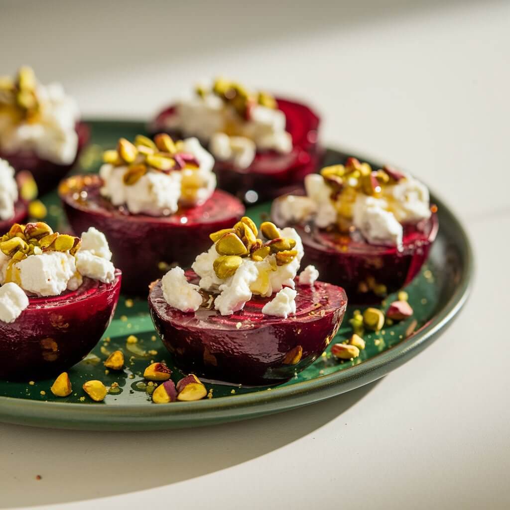 A vibrant image of roasted beet slices topped with crumbled feta cheese and a sprinkle of crushed pistachios. The beets are deep red, with the cheese adding a creamy contrast. Each bite is topped with a drizzle of honey for added sweetness. The photo, captured in natural light, emphasizes the rich colors of the beets and the white feta. The beets are placed on a bright plain white kitchen countertop, allowing their bold colors to stand out against the clean background. They are placed on a dark green plate.
