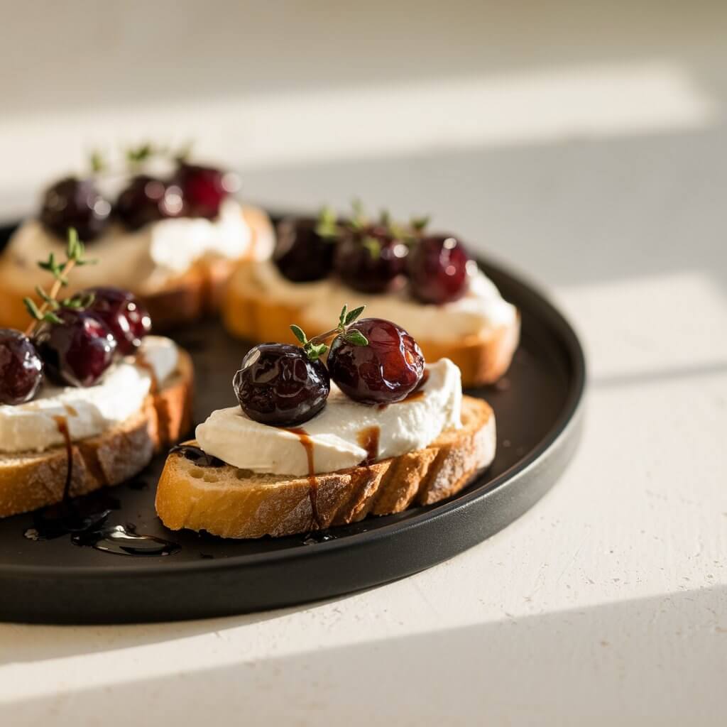 A rustic yet elegant shot of toasted baguette slices topped with smooth ricotta cheese and roasted grapes. The grapes, deep purple in color, are caramelized and slightly wrinkled, adding a sweet richness to the creamy cheese. The crostini are garnished with a light drizzle of balsamic glaze and a sprig of fresh thyme. The image is captured in natural light, which emphasizes the beautiful contrast between the creamy ricotta and the roasted grapes. The crostini are placed on a bright plain white kitchen countertop, with the warm colors of the food popping against the white surface. They are placed on a black round tray.