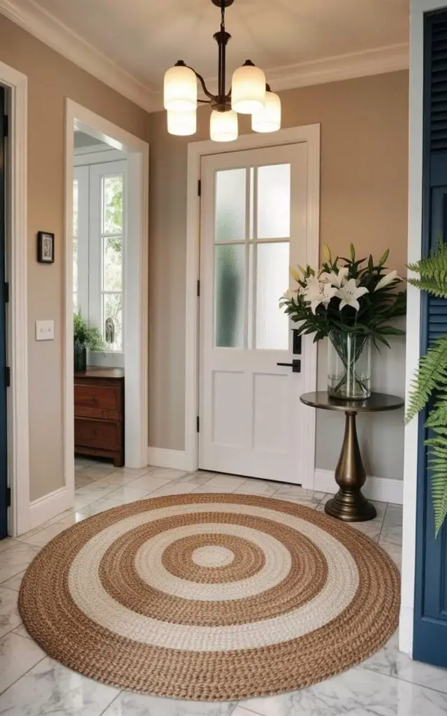 A circular rug with concentric circles in beige and ivory sits centered in a spacious foyer. The rug’s pattern features subtle variations in tone, with the circles radiating outwards from a central point. A modern chandelier with frosted glass shades hangs directly above the rug, casting diffused light across the room's polished marble floor. Crisp white walls surround the foyer, punctuated by a small pedestal table holding a clear glass vase filled with white lilies and green ferns positioned near the entryway door.