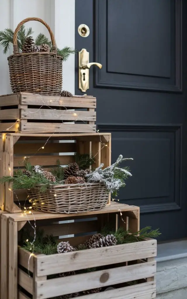 A photograph of an elegantly minimalist front porch decorated for Christmas with carefully arranged rustic wooden crates and woven wicker baskets stacked at varying heights. Each weathered wooden crate overflows with natural pinecones, fresh evergreen sprigs, and delicate faux snow, creating organic textures against the clean lines of the space. The focal point is a sophisticated matte black door featuring a polished brass handle and keyhole, providing striking contrast to the warm wooden elements. Soft golden fairy lights are artfully woven throughout the display, casting a gentle glow that highlights the rough wood grain and verdant greenery, creating a serene holiday atmosphere that perfectly balances rustic charm with modern minimalist design.