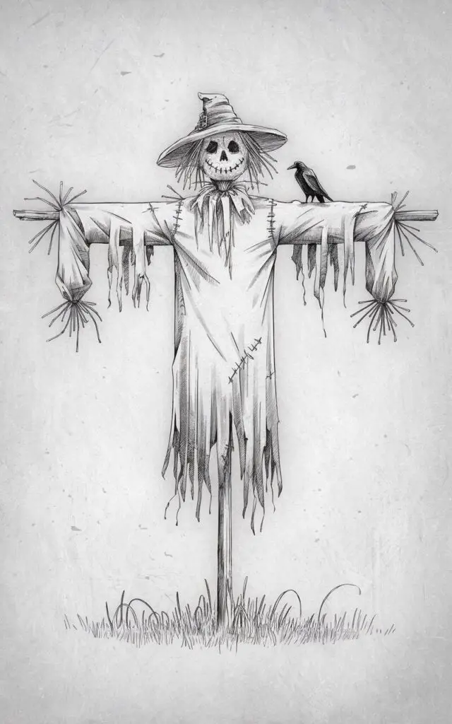 A minimalist, plain white background pencil drawing illustration of a tall Halloween scarecrow standing in an open field. Its straw-stuffed arms stretch outward from a wooden crosspost, while tattered fabric flutters gently at the edges. The scarecrow's stitched smile and hollow eyes add eerie personality. Faint pencil strokes suggest strands of straw poking from its sleeves and collar. A single crow rests confidently on one shoulder, its outline sharp yet light. Drawn in a simplistic style, the sketch balances rustic charm and subtle eeriness through fine lines and delicate shading.
