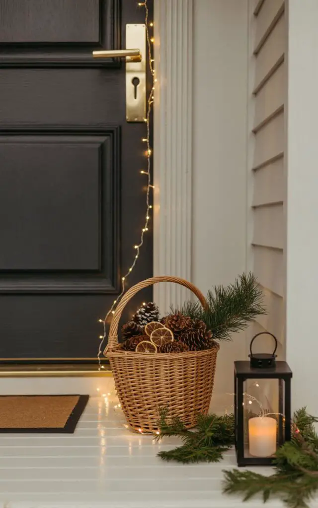 A photograph of a minimalist Christmas front porch featuring a dark oak door with an elegant brass handle and keyhole as the focal point. A woven wicker basket filled with cinnamon-dusted pinecones and dried orange slices sits gracefully beside the entrance, while delicate strands of warm white fairy lights drape softly around the doorframe. Fresh evergreen sprigs are artfully arranged near a single black metal lantern with flickering candlelight, creating gentle shadows on the clean white porch boards. The scene captures the essence of understated holiday elegance with natural textures and warm golden lighting that suggests the cozy fragrance of cinnamon and pine.