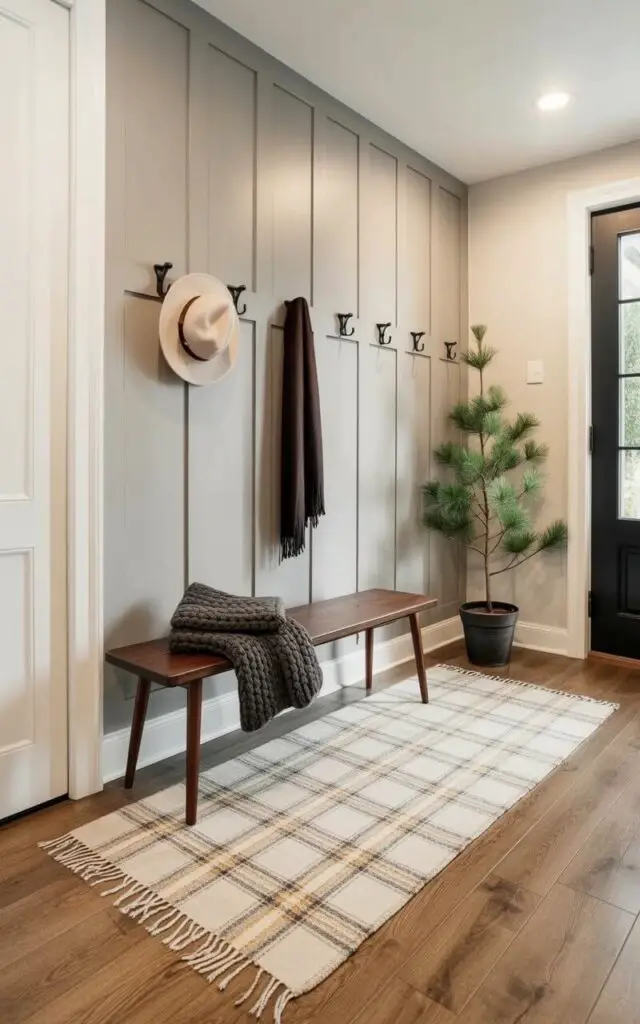 A rectangular wool rug with a subtle, repeating plaid pattern in shades of beige, gray, and cream lies centered in the entryway. A slender, dark wood bench sits atop the rug, accompanied by a folded knit throw blanket in a deep charcoal gray. Black metal hooks are mounted on the pale gray walls to the left of the bench, holding a single cream-colored hat and a dark brown scarf. A small potted pine tree with green needles stands to the right of the bench, placed on a light wood floor that extends beyond the rug’s perimeter.