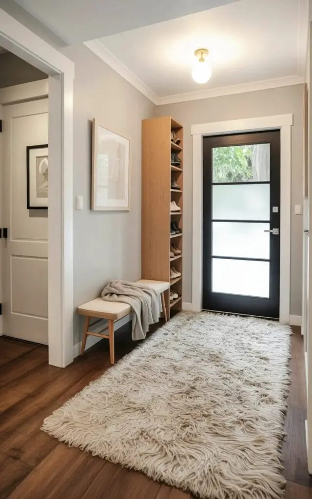 A plush shag rug in off-white covers the entryway floor, its thick pile creating a soft and inviting texture. A slim bench made of light wood sits against the wall, draped with a folded wool throw in a light gray hue, while a narrow shoe rack constructed of light oak wood holds several pairs of shoes. Natural light streams in from a frosted glass door, illuminating the rug’s fibers and creating a subtle glow on the surrounding walls. The entryway is defined by light gray painted walls and a simple, modern light fixture hanging from the ceiling.
