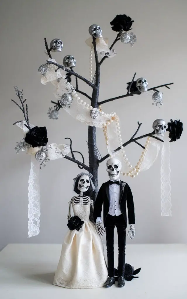 A Halloween tree adorned with a minimalist romantic-spooky blend of decorations. The tree has lace ribbon, pearl garlands, and delicate silver skulls gently draped along its branches. At the base or peak of the tree sits a skeleton bride and groom dressed in elegant attire. Dark florals are used sparingly, allowing the structure and theme to breathe. Soft lighting is used to emphasize the eerie love story in a clean, uncluttered manner.
