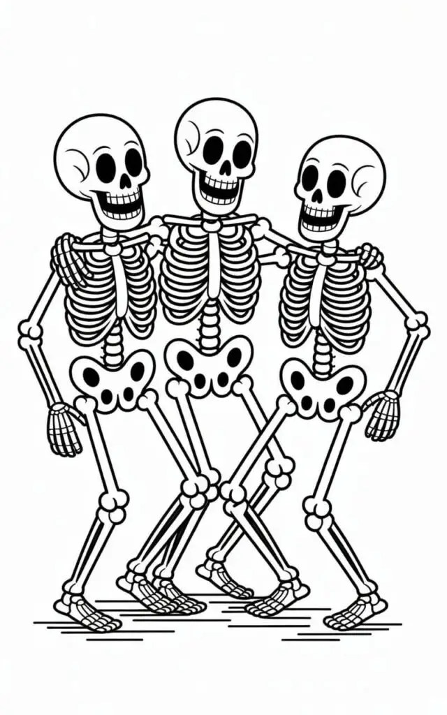 A black and white line art illustration of three Halloween skeletons engaged in a lively dance against a plain white background. Each skeleton features a grinning skull, slightly tilted ribcage, and bent limbs, captured in a dynamic, rhythmic pose with tiny circular details accentuating their joints for a playful touch. The illustration uses bold, continuous lines in a coloring book style, clearly defining each bone and creating well-separated areas for coloring, with a subtle suggestion of ground contact indicated by lines beneath their feet. The overall composition is clean and simple, with varied line weights to enhance visual interest while ensuring a crisp and clear design perfect for coloring.