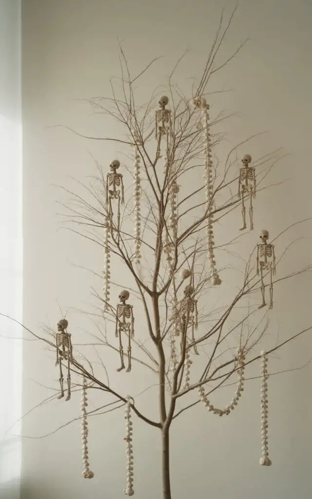 A photograph of a minimalist Halloween tree staged against a plain off-white wall. The tree’s bare branches are meticulously adorned with small, articulated skeletal figures posed in thoughtful positions, each one with slightly different expressions. Delicate garlands crafted from polished bone drape between the branches with precise spacing, highlighting the clean silhouette of the tree. Soft, diffused lighting illuminates the tree from above, casting subtle shadows that emphasize the skeletal details and create a serene, spooky ambiance.