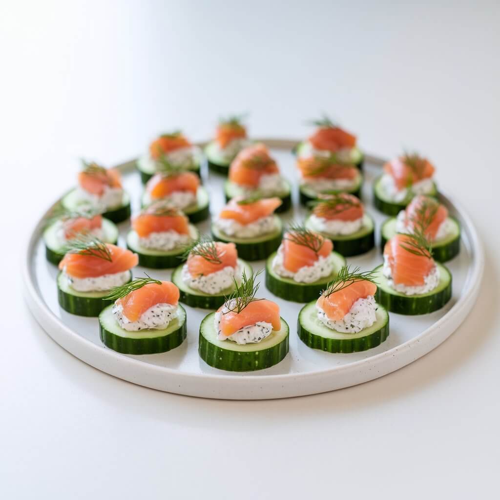A crisp, refreshing image of cucumber slices topped with a dollop of herbed cream cheese, a small slice of smoked salmon, and a garnish of fresh dill. Each bite-sized appetizer is arranged neatly in rows on a white ceramic plate. The natural light highlights the vibrant colors of the green cucumber, pink salmon, and white cream cheese. The plate is placed on a bright plain white kitchen countertop, creating a fresh, light, and inviting feel, perfect for a light Thanksgiving appetizer.