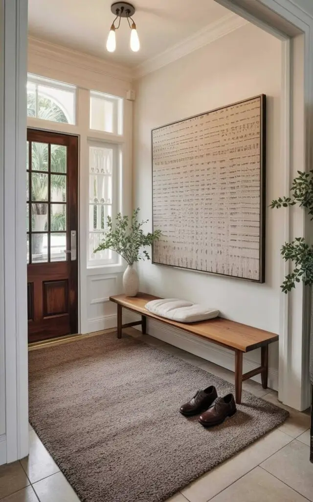 A solid-colored rug in muted taupe covers the floor beneath a low wooden bench in a rectangular entryway. A pair of dark brown leather shoes sits neatly to the side of the bench, facing the viewer. Leaning casually against the wall is a large, square artwork with a neutral-toned abstract pattern. The entryway is framed by white painted walls and a dark wood door with a simple silver door handle.