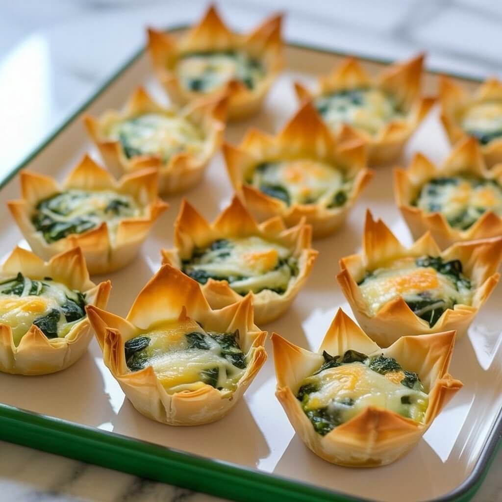 Several individual phyllo pastry cups sit neatly arranged on a rectangular white serving tray. Each cup is filled to the brim with a creamy spinach and artichoke dip, exhibiting small bubbles on the surface and visible strands of melted mozzarella cheese. The golden-brown pastry edges of each cup appear crisp and flaky, creating a textural contrast with the smooth filling. The tray rests on a bright, plain white kitchen countertop with subtle shadows from an unseen light source, showcasing the arrangement against a clean background.