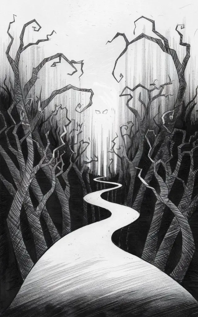 A minimalist, plain white background pencil drawing illustration of a dark Halloween forest with a winding path cutting through twisted trees. The trees are drawn with long, curling branches that arch inward, framing the path in shadowy texture. Subtle crosshatching gives the bark a gnarled, aged appearance. A faint suggestion of mist rises between trunks, created with light, airy pencil gradients. A pair of tiny glowing eyes peer from the background, adding mystery. Drawn in a simplistic style, the illustration feels both quiet and hauntingly alive, perfectly capturing eerie atmosphere.