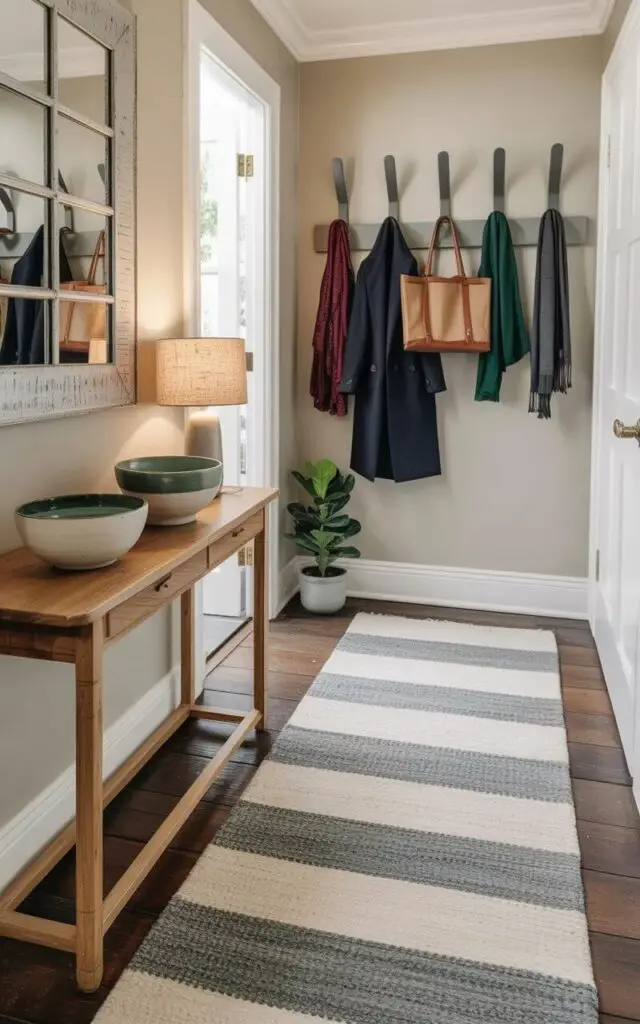 A long, narrow entryway is defined by a rectangular rug featuring alternating bands of soft gray and cream, with each band approximately three inches wide. On the left wall, a slim oak console table supports three ceramic bowls of varying sizes—one large, one medium, and one small—alongside a small lamp with a linen shade. Opposite the console, a row of five dark gray metal hooks is mounted on the wall, holding a dark navy blue wool coat, a tan canvas tote bag, and three folded scarves of burgundy, emerald green, and charcoal gray. The walls are painted a pale beige and feature a subtle texture, while a small potted fiddle-leaf fig plant sits on the floor near the console table, adding a touch of greenery to the neutral space.