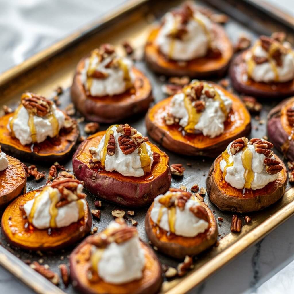 A rectangular wooden tray holds a circular arrangement of roasted sweet potato rounds, each approximately one-half inch thick and displaying caramelized edges. Dollops of whipped goat cheese, each about one tablespoon in size, are strategically placed atop the sweet potato rounds, while coarsely chopped candied pecans are sprinkled evenly across the entire surface. A thin, glistening line of maple syrup is drizzled in a spiral pattern over the goat cheese and pecans. The tray sits on a smooth, bright white kitchen countertop, with a faint texture visible on the wood grain of the tray and a subtle reflection of overhead lighting on the countertop surface.
