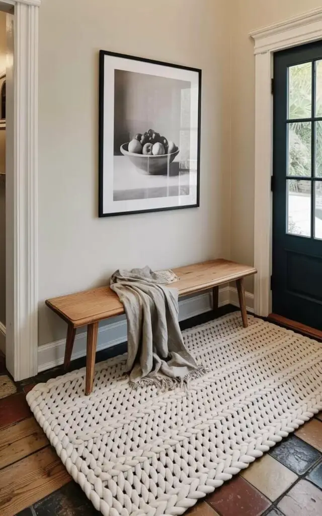 A rectangular ivory rug with a chunky knit texture and raised geometric patterns covers the entryway floor. A narrow wooden bench with tapered legs sits centered on the rug, featuring a neatly folded linen throw in a light gray tone casually draped across its seat. Above the bench, a rectangular black frame holds a monochrome photograph depicting a simple still life arrangement of fruit in a bowl. Soft, natural light streams in from a doorway on the right, illuminating the textured surfaces and highlighting the interplay of light and shadow within the space.