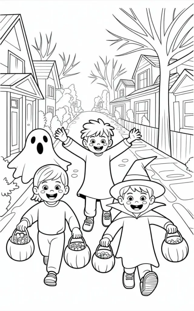 A black and white line art illustration of three children joyfully trick-or-treating through a quaint Halloween neighborhood, featuring a ghost, a witch, and a vampire each depicted in simple yet recognizable costumes. The children are arranged in a lively procession, their candy bags swinging, with stylized houses and bare trees lining the street, rendered with gentle curves and basic shapes to maintain a childlike charm. The illustration utilizes bold, continuous lines in a coloring book style with varied line weights to define each character and building clearly, creating distinct areas for coloring and emphasizing the overall sense of playful movement. The scene is composed with a balanced arrangement and simplified details, designed for easy coloring and showcasing the excitement of Halloween through clean, crisp lines and well-defined forms.