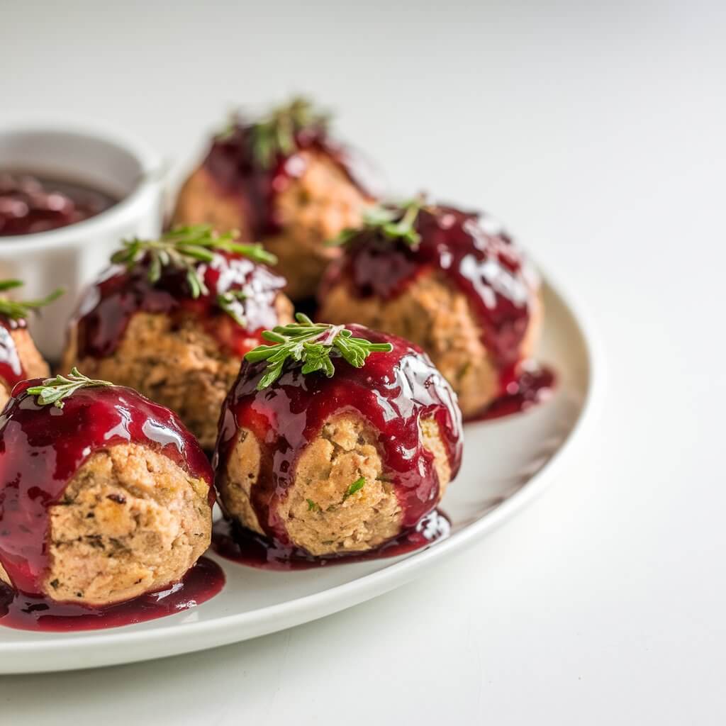 A close-up photo of perfectly round, golden turkey meatballs glistening with a thick cranberry glaze. The glaze is rich, with visible flecks of fresh herbs and a touch of sweetness. The meatballs are neatly arranged on a white plate, with a small bowl of dipping sauce placed next to them. The photo, shot in natural light, highlights the texture of the meatballs and the glossy cranberry coating. The plate is placed on a bright plain white kitchen countertop, creating a crisp and clean background that emphasizes the vibrant red of the glaze.
