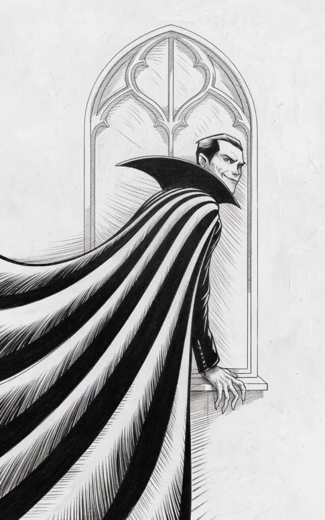 A pencil drawing illustration of a minimalist Halloween vampire leaning against an ornate window frame. The vampire's cloak flows dramatically, sketched with smooth, curved lines and delicate crosshatching for texture. His sharp fangs peek through a faint smirk, and his eyes gaze outward with quiet intensity. The window's arched frame includes faint gothic detailing, adding atmosphere without distraction. The background is a plain white background.