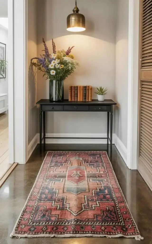 A rectangular vintage rug with faded reds, ochres, and indigos lies centered on a polished concrete floor. The rug features a complex geometric pattern with slightly frayed edges, showcasing wear and tear consistent with age. A slim black console table stands against a pale gray wall, displaying a tall glass vase filled with assorted wildflowers including daisies, lavender, and Queen Anne’s lace, alongside a neat stack of five antique books with worn leather covers. A rustic brass pendant lamp with a cylindrical shade hangs from the ceiling, casting a warm glow on the rug and illuminating a small potted succulent placed on the console table.