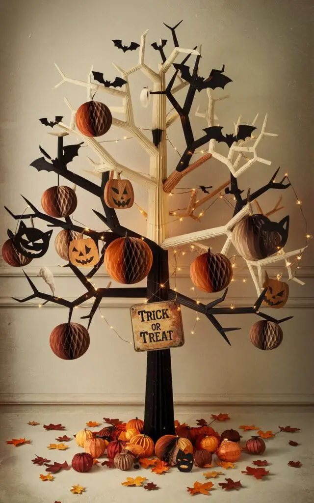 A vintage-style illustration of a Halloween tree with a nostalgic, retro aesthetic. The tree stands tall against a muted, off-white background. The black and cream branches are adorned with paper honeycomb pumpkins, weathered black cat cutouts, and distressed jack-o’-lantern faces. A gently glowing string of amber lights casts a warm, old-film tint across the scene. There is a tin-style "Trick or Treat" sign centered near the base of the tree. Scattered fallen leaves in shades of rust and ochre lay at the tree's base, creating a cozy and whimsical atmosphere. The background is a plain white wall.