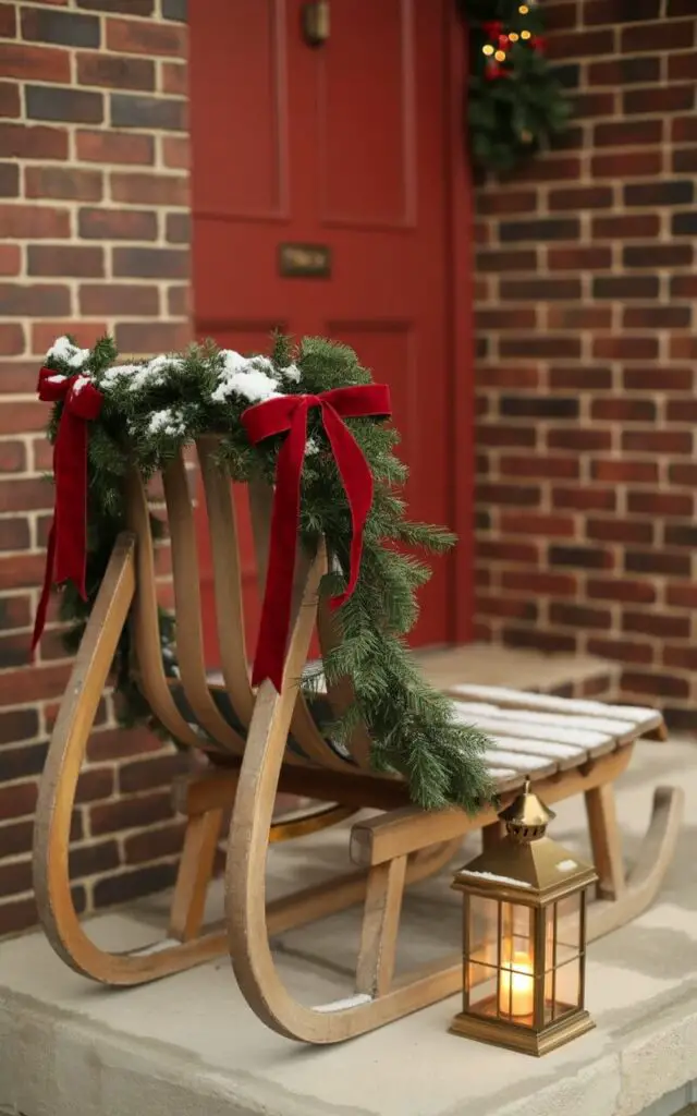 A minimalist photograph of a charming Christmas front porch featuring a weathered wooden sleigh positioned gracefully against warm red brick walls. The vintage sleigh is tastefully decorated with lush pine garlands draped along its curved edges, deep crimson velvet ribbons tied in elegant bows, and a light dusting of artificial snow that catches the soft light. A classic brass lantern with warm amber light sits beside the sleigh, casting gentle shadows that accentuate the rich wood grain and evergreen textures. Behind the scene, a cheerful red front door with polished brass hardware provides a perfect backdrop, while the overall composition maintains a timeless, uncluttered aesthetic with soft winter lighting.