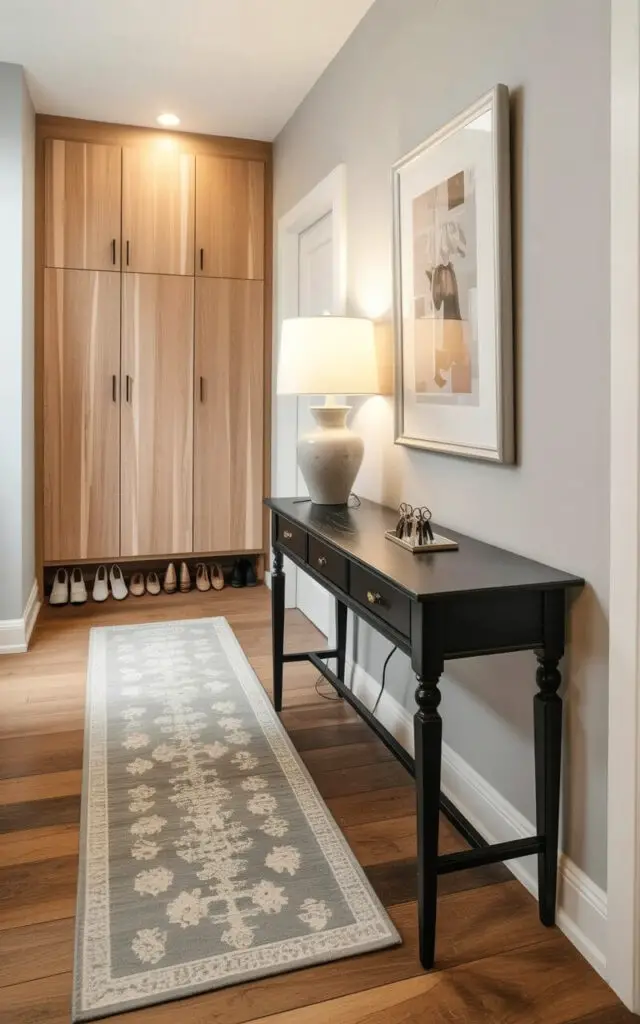 A narrow black console table stands against a light gray wall within a well-lit entryway. A patterned runner rug in soft gray and cream is centered beneath the table, showcasing a subtle geometric design. A ceramic lamp with a white shade sits on the console table's surface, alongside a small rectangular tray holding three sets of keys. A sleek, handle-less shoe cabinet made of light wood blends into the wall on the left side of the frame, revealing neatly arranged shoes within.