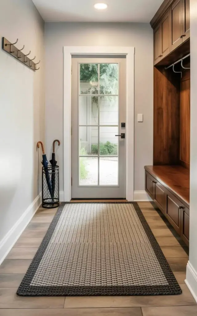A rectangular weather-resistant rug made of woven gray and charcoal fibers sits centered in front of a glass-panel door. A sleek black metal umbrella stand holding three closed umbrellas rests against the wall to the left of the door, while a wooden bench with a light brown finish and concealed storage sits on the right. The walls are painted a flat matte white, and a single brushed steel coat hook is mounted on the wall to the left of the bench. Faint natural light filters through the glass door, illuminating dust particles suspended in the air and highlighting the texture of the rug's fibers.