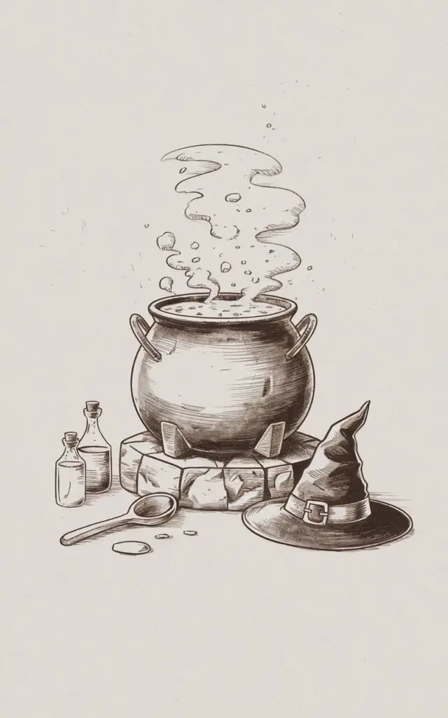 A minimalist pencil drawing of a Halloween witch's cauldron bubbling with a mysterious potion. The cauldron is set on a stone base. There are potion bottles and a wooden spoon around the base. A witch's hat is placed nearby. The background is plain white.