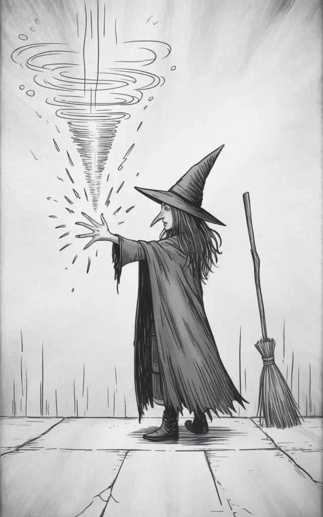 A witch with long, dark hair and a pointed nose stands in a dynamic pose, one arm extended outward. Sparks and swirling smoke emanate from her fingertips, forming a cone-shaped vortex of energy that trails upwards. She wears a long, dark cloak with deep folds and a tall, black pointed hat tilted to one side. A simple broom leans against a nearby wall, and a stone floor with subtle cracks is visible beneath her feet.