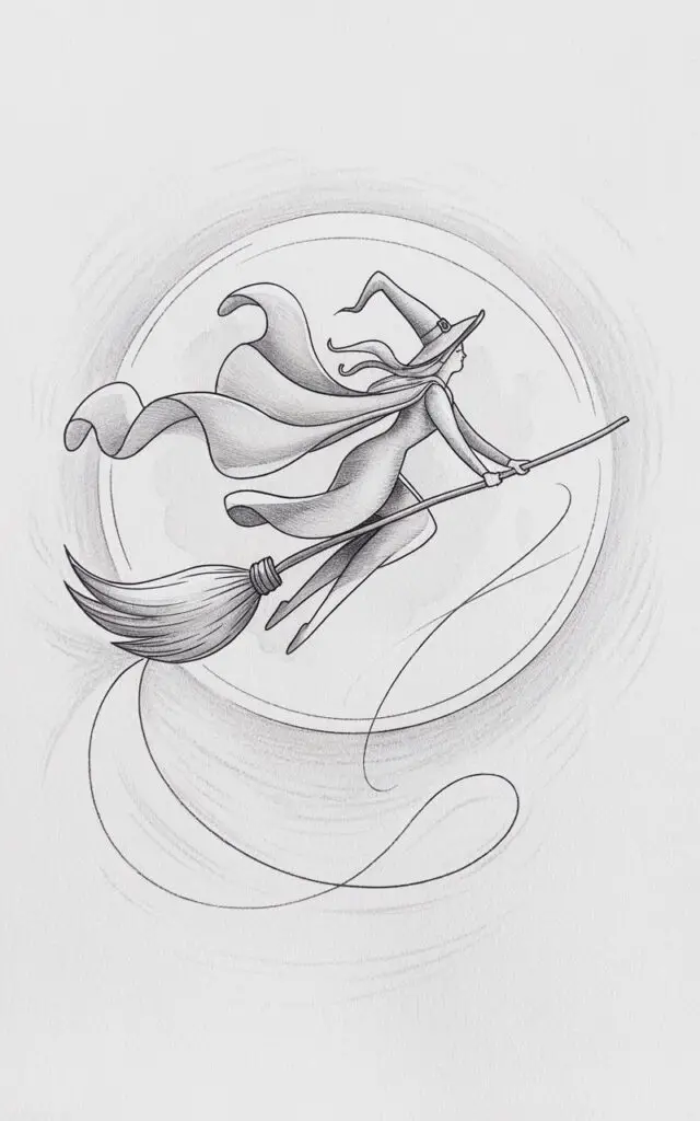 A pencil drawing of a minimalist Halloween witch soaring across a glowing moon. The witch is gracefully leaning forward on a broom, with her cloak billowing behind in gentle arcs. The broom's bristles are delicately shaded to imply motion. Curved motion lines trace their flight path through the air. The moon, softly outlined, frames the witch perfectly. The drawing is done in a simplistic style, with smooth, airy linework and serene precision.