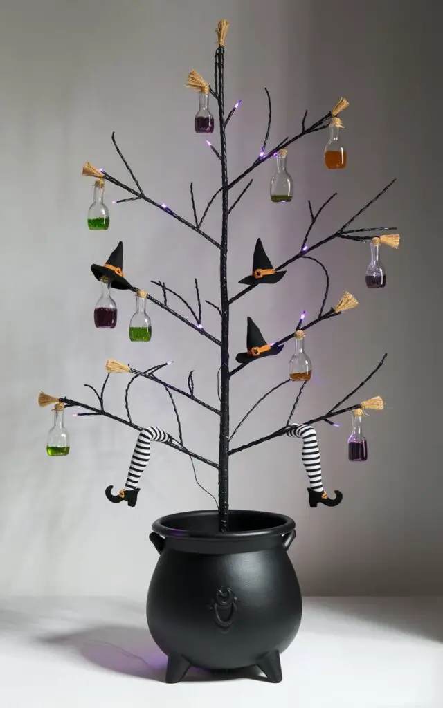 A Halloween tree with a minimalist theatrical flair. The tree is placed inside a matte black faux cauldron at its base. The branches hold neatly arranged potion bottle ornaments, mini broomsticks, and tiny witch hats. Striped witch legs peek from the lower branches. Purple LED lights spiral subtly around the tree. The background is simple and shadowed.